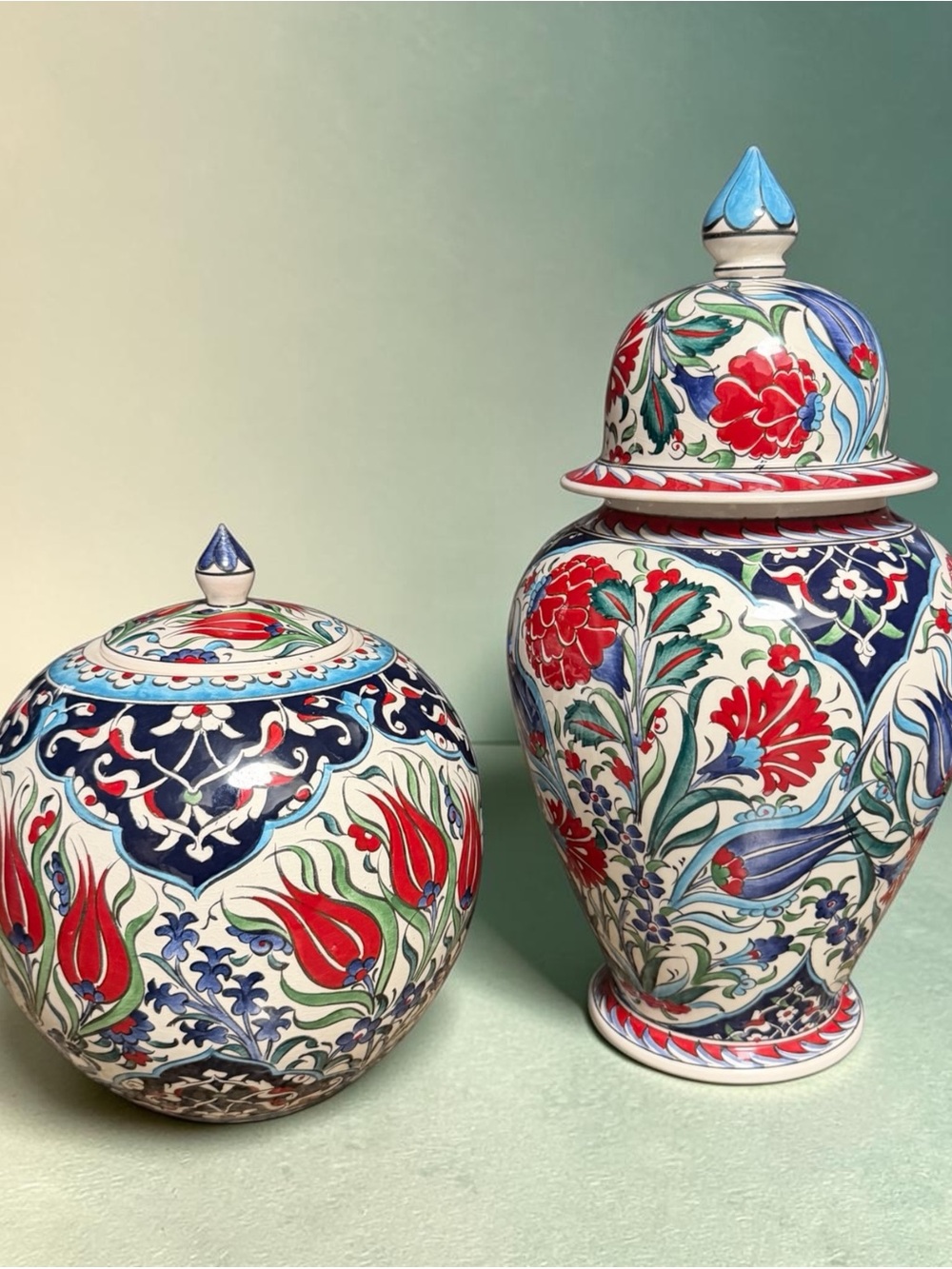 Handmade Turkish Iznik Red Floral Pattern Ceramic Jar Urn Canister Set Of 2